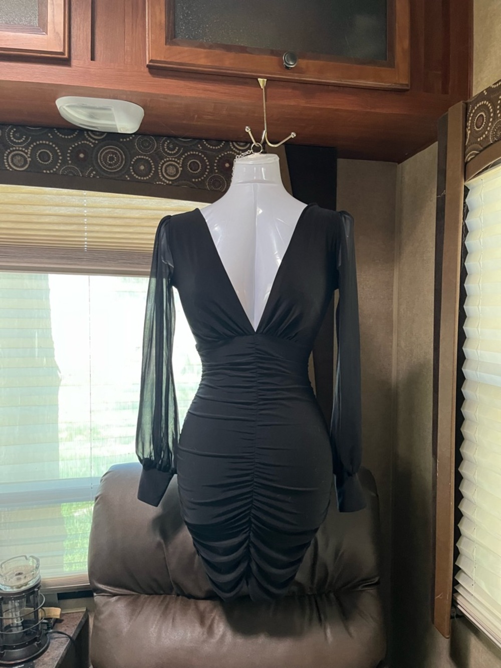 Windsor Black V-Neck Ruched Mini/Midi Dress with Sheer Sleeves